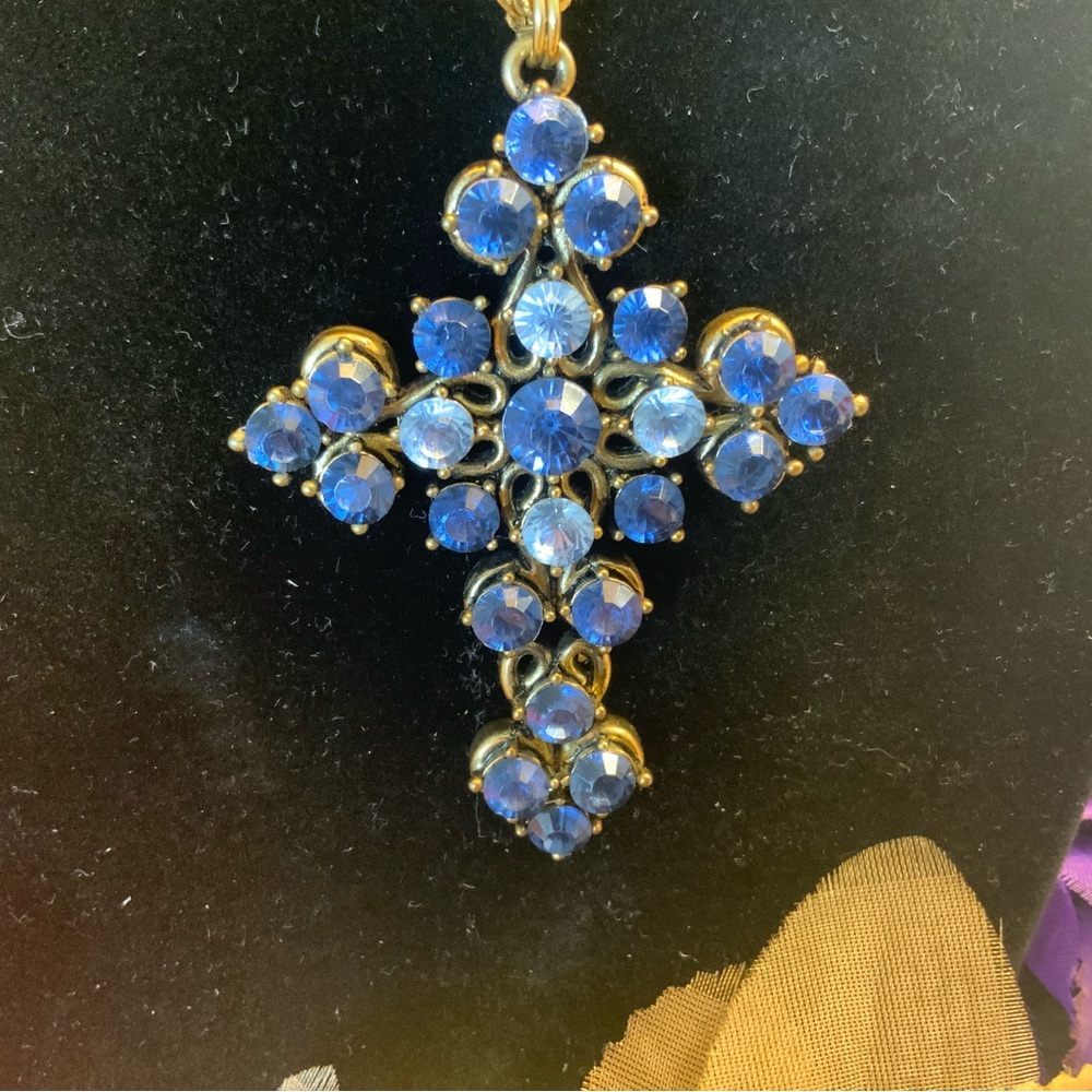 Rare Blue Crystal Cross Necklace by D&E Juliana on a lovely gold chain.